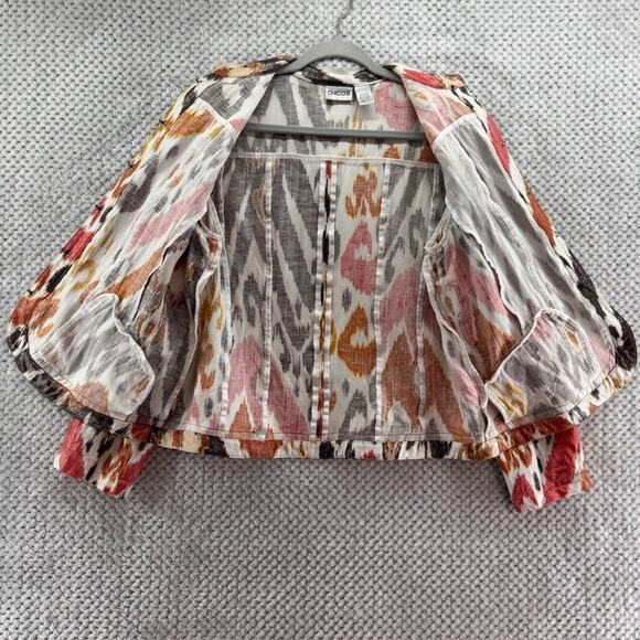 Chicos Jacket Women 2 L Orange Brown Linen Abstract Ikat Metallic Western Pocket - Picture 8 of 16